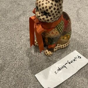 Vintage Patchwork Cat Figurine with Orange Ribbon